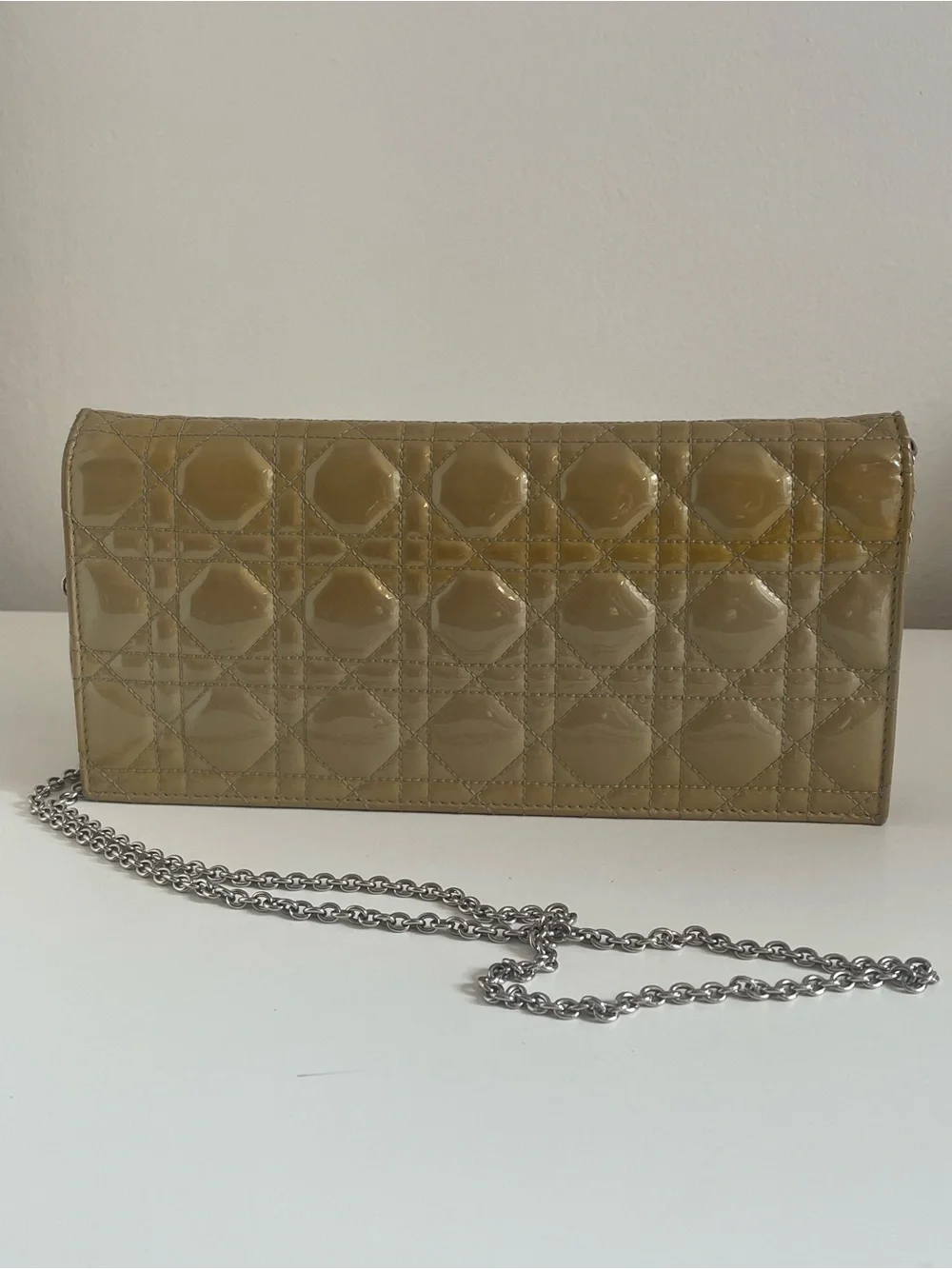 Authentic Christian Dior Clutch Cannage Patent Leather Wallet on Chain
